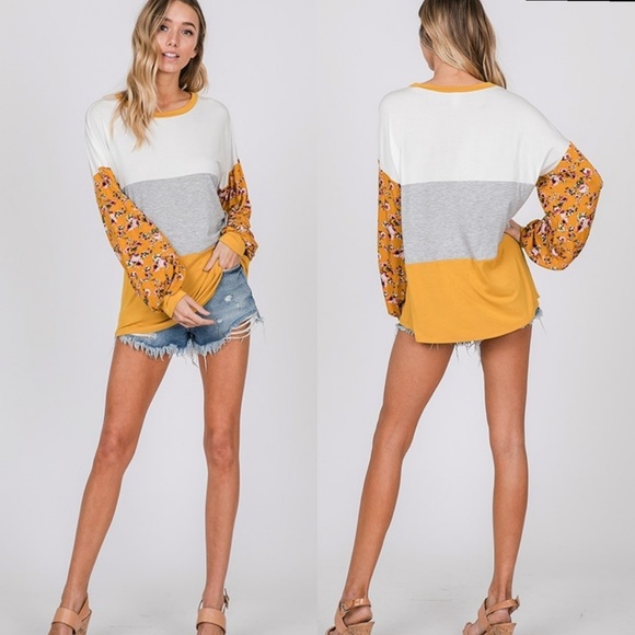 Colorblock floral balloon puff sleeve tunic - Picture 4 of 8